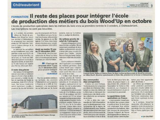 Article l'Éclaireur : "Il reste des places pour intégrer l'école de production des métiers du bois Wood'Up en octobre"